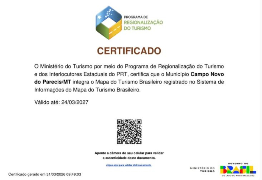 Campo Novo do Parecis conquista certificação no Mapa do Turismo Brasileiro