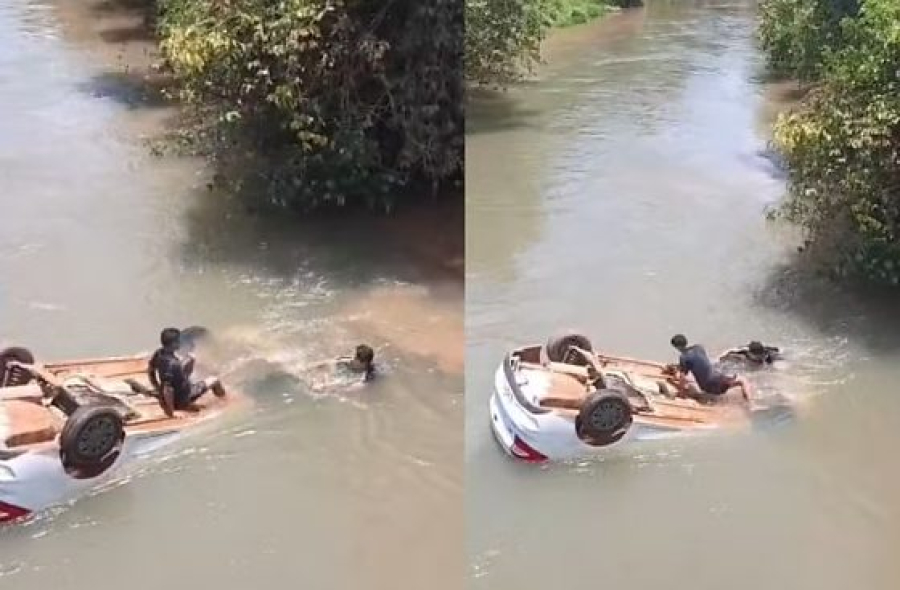 Bebê de 1 ano e meio é salvo por populares após carro cair de ponte; criança está intubada em hospital